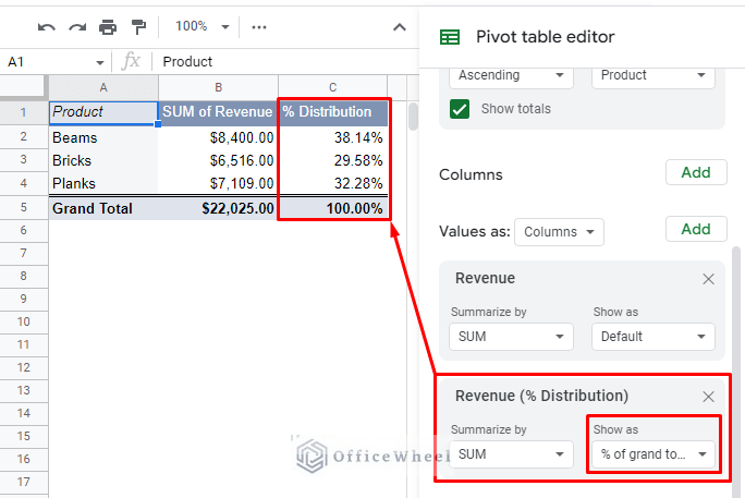 calculating the percentage of the grand total in a google sheets pivot table